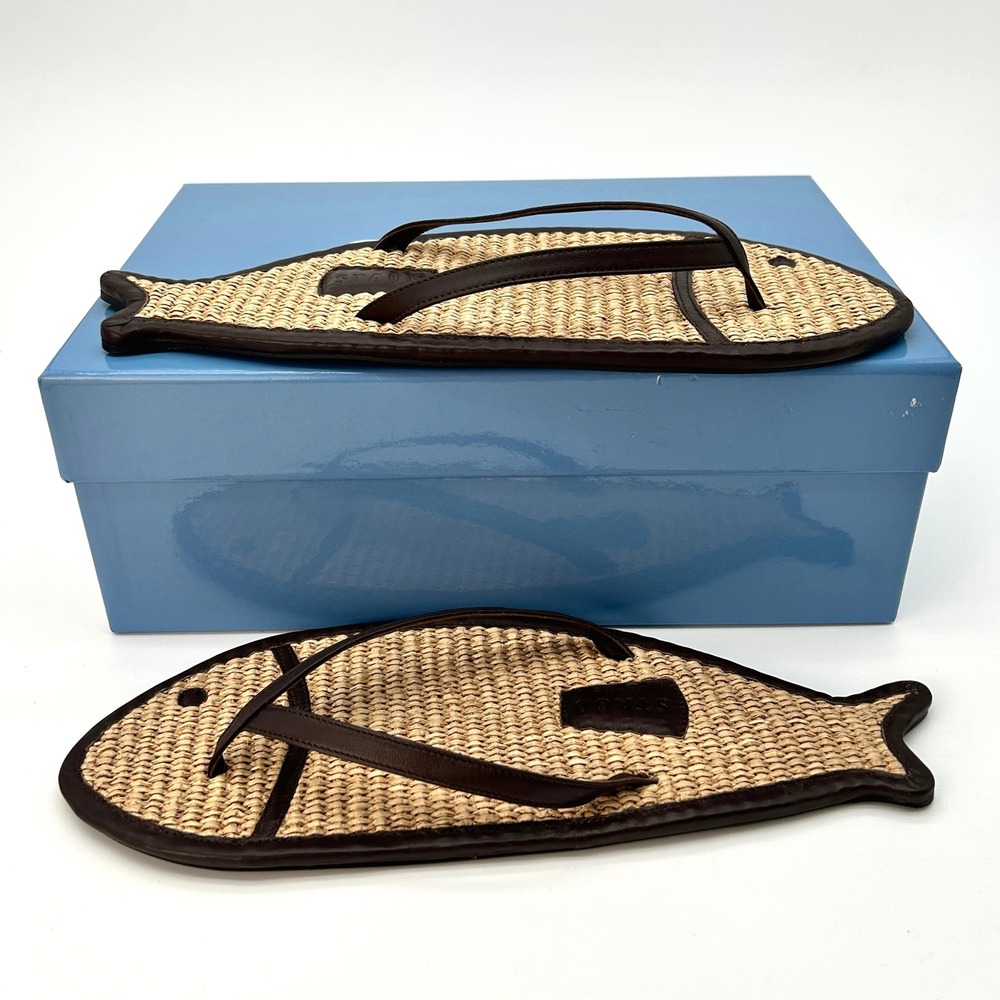 STAUD Fish Flop Size 7.5 (EU 37.5) Womens Flip Flops Natural Raffia Leather NEW - Picture 3 of 7